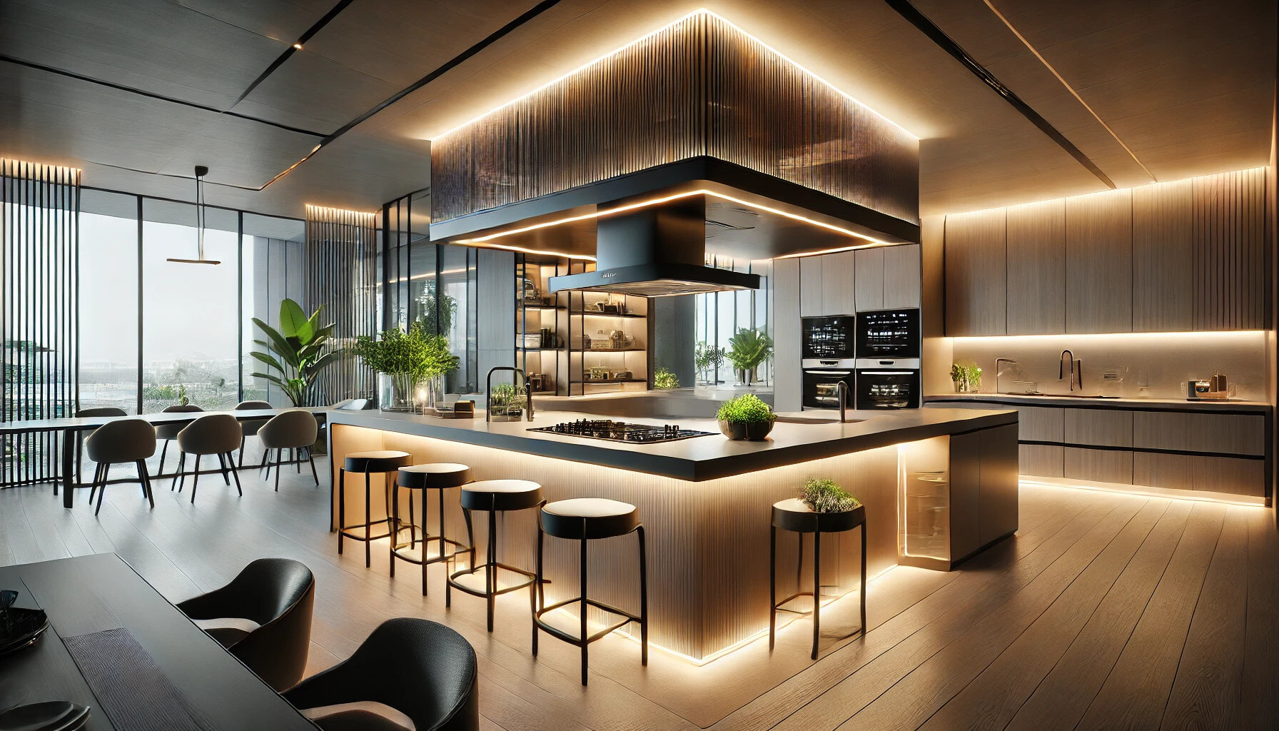 DALL·E 2025-01-10 10.04.28 - A super modern kitchen designed with sleek, minimalist aesthetics. The second view is a close-up of the cooking area, showcasing an induction stovetop